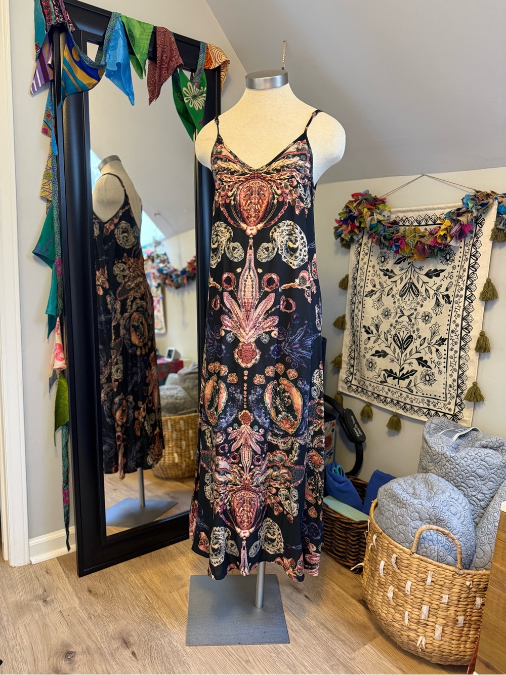 NATURAL LIFE Black Maxi Slip Dress with Pink & Gold Paisley Motif